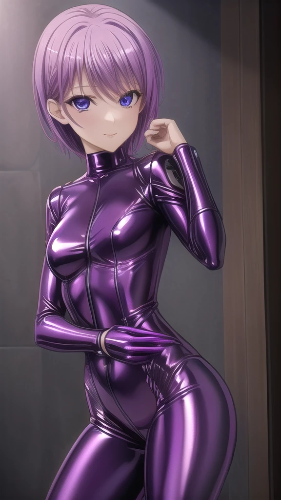   Erotic, Small breasts、Alone, Purple latex rubber suit turtleneck purple evil background、 Best Quality, Detailed face, Detailed eyes,  Kampala,、Evil female executive、smile、 sexy pose、Fallen into evil、Fall into Darkness、Dark Side、lure、Estrus