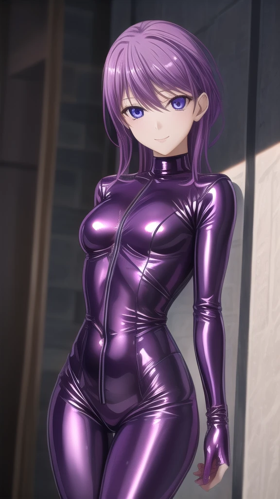   Erotic, Small breasts、Alone, Purple latex rubber suit turtleneck purple evil background、 Best Quality, Detailed face, Detailed eyes,  Kampala,、Evil female executive、smile、 sexy pose、Fallen into evil、Fall into Darkness、Dark Side、lure、Estrus