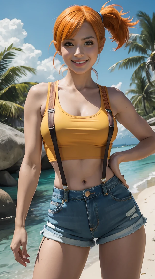 ((masterpiece,best quality)), absurdres, Misty_Pokemon, transparent top, yellow crop top, suspenders, side ponytail, orange hair, denim mini shorts, solo, smiling, looking at viewer, cowboy shot, cinematic composition, contrapposto, tropical beach, unbuttoned shorts leave her vagina visible, pezones marcados
