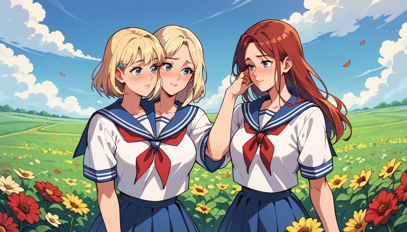 2girls, sailor uniform, hand on other's face, flower fields, yuri, cowboy shot, focused, blushing, exquisite, high quality, best details, HD, 32k,((high_quality)), ((Super_Detailed)),((high_quality)), ((Super_Detailed)), , (masterpiece:1.2), (best quality:1.2), (very aesthetic:1.2), (absurdres:1.2), (detailed background),newest, perfect anatomy, ((score_9:1.3)), ((score_8_up:1.3)), ((score_7_up:1.3)