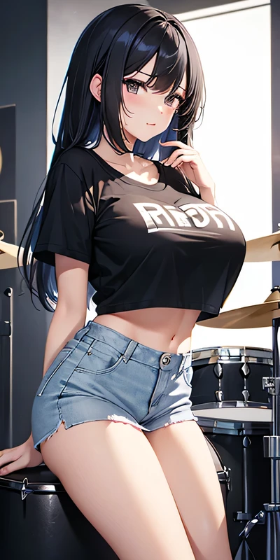 female, alone,  Big Breasts , sexy, Black hair, black eyes, High school student,  WHITE T-SHIRT , loose, Long hair, bangs, Drums , Drums  스틱, Drums 을 치는, studio background