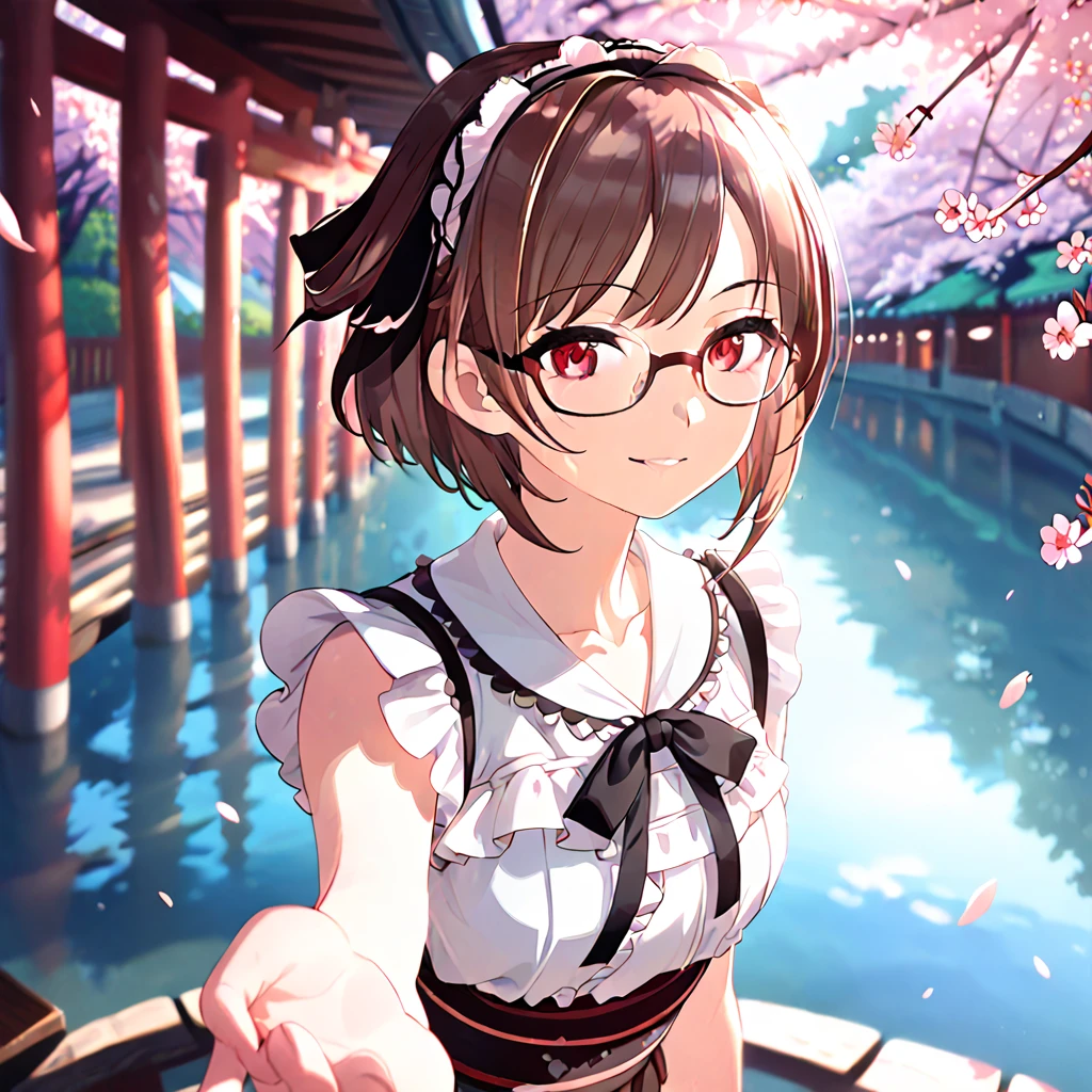 glasses, 1girl, solo, smile, short brown hair, red eyes, white frilled dress, black ribbon, short sleeves, hairband, cowboy shot, parted lips,  blurry background, petals, cherry blossoms, torii, perspective, water reflection,