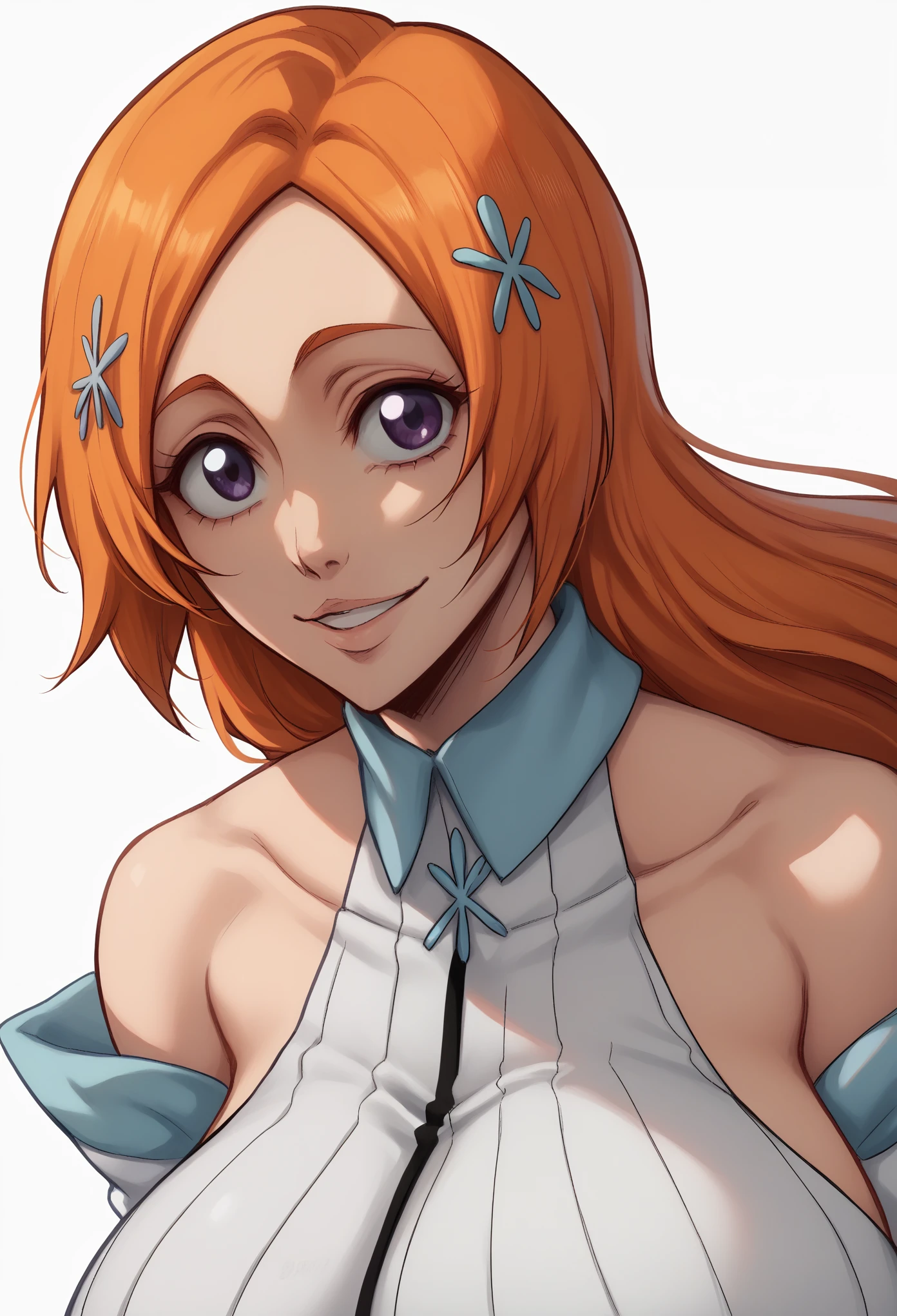 portrait, solo focus, solo, close-up, (white background, plain background, simple background:1.3), looking at viewer, (parted lips:1.2), 
:1.2)
eft_bleach_orihime, 1girl, inoue orihime, solo, long hair, orange hair, grwy eyes, white dress bleach, huge breasts, detached sleeves, hair ornament, large breasts, bust, white dress, bare shoulders, hairclip, purple eyes, smile, happy, from front,