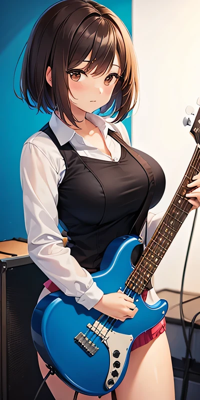 female, alone,  Big Breasts , sexy, Brown hair, brown eyes, High school student, black knit, loose, Short hair, bangs, blue bass guitar, studio background