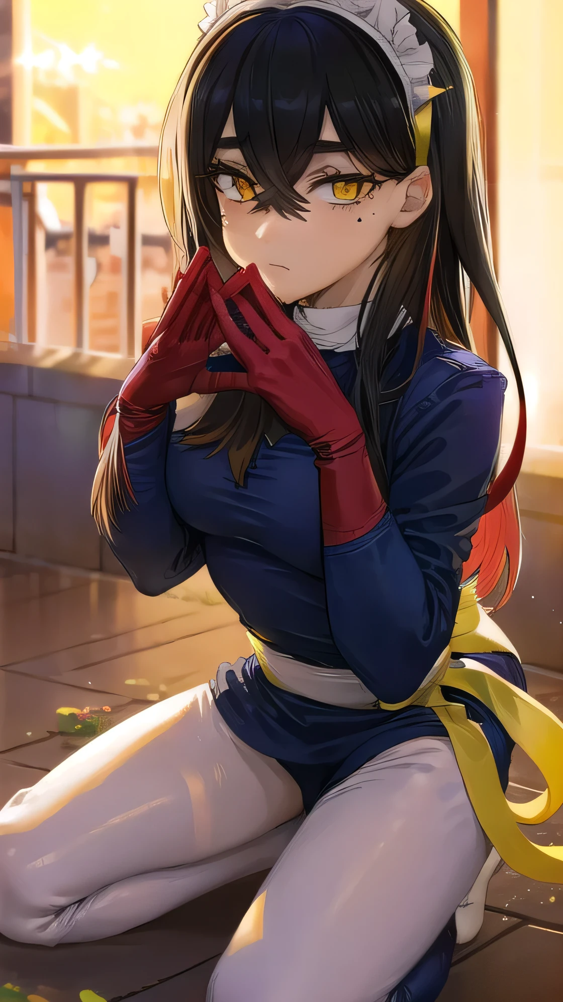 pokemoncarmine, pokemoncarmine, Black Hair , colored internal hair, Cross Buns, How to do it, headband , Long Hair, mole, mole under eye, multicoloRed Hair, Red Hair, side lock, Two-tone hair, (Yellow Eyes:1.5), yellow headband ,
break buttons, Long Sleeve , jacket, Gloves, red Gloves, pants, belt, blue pants, blue jacket,
break looking at viewer, upper body, Full Body, ( cowboy shot:1.5),
break outdoors, null間, star, sun, null,
break (masterpiece:1.2), best quality , Kampala, unity 8k Wallpaper , (Illustration:0.8), ( beautiful detailed eyes with hands tied and kneeling in a cute maid cafe costume :1.6), EXTREMELY DEFINE FACE , perfect lighting, very detailed CG, (Perfect hands, Perfect Anatomy),