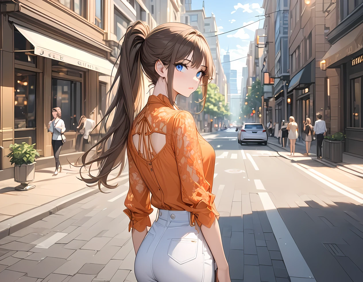 (((Best quality, 8k, Masterpiece: 1.3)), ((best quality)), ((masterpiece)), (detailed), perfect face, high detailed fingers, long ponytail, brown hair, blue eyes, ((orange Lace-up blouse)), long sleeves, shirt, top, ladies, adult, casual, elf, white slacks, city, street, Downtown, Unbutton the hem of her blouse