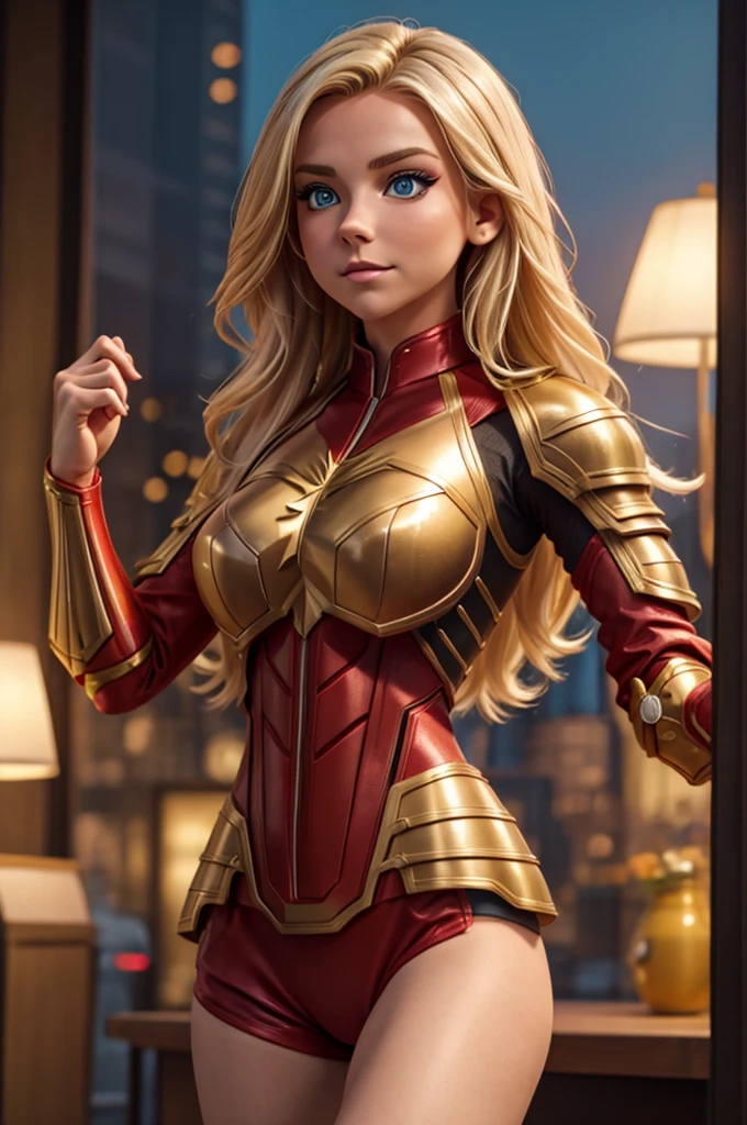 Blonde sexy girl ,  wearing a red and gold hero armor suit,  electronic futuristic outfit 
