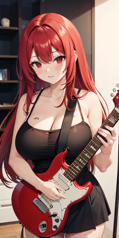 female, alone,  Big Breasts , sexy, red hair , red eyes, High school student,  South Korea  , black knit, loose, Long hair, bangs, red electric guitar, studio background