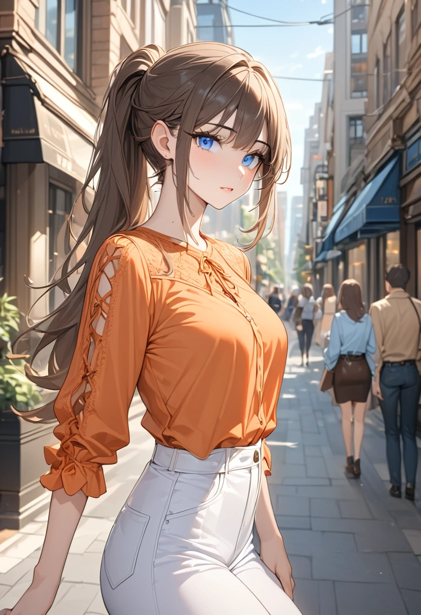 (((Best quality, 8k, Masterpiece: 1.3)), ((best quality)), ((masterpiece)), (detailed), perfect face, high detailed fingers, long ponytail, brown hair, blue eyes, ((orange Lace-up blouse)), long sleeves, shirt, top, ladies, adult, casual, elf, white slacks, city, street, Downtown, Unbutton the hem of her blouse