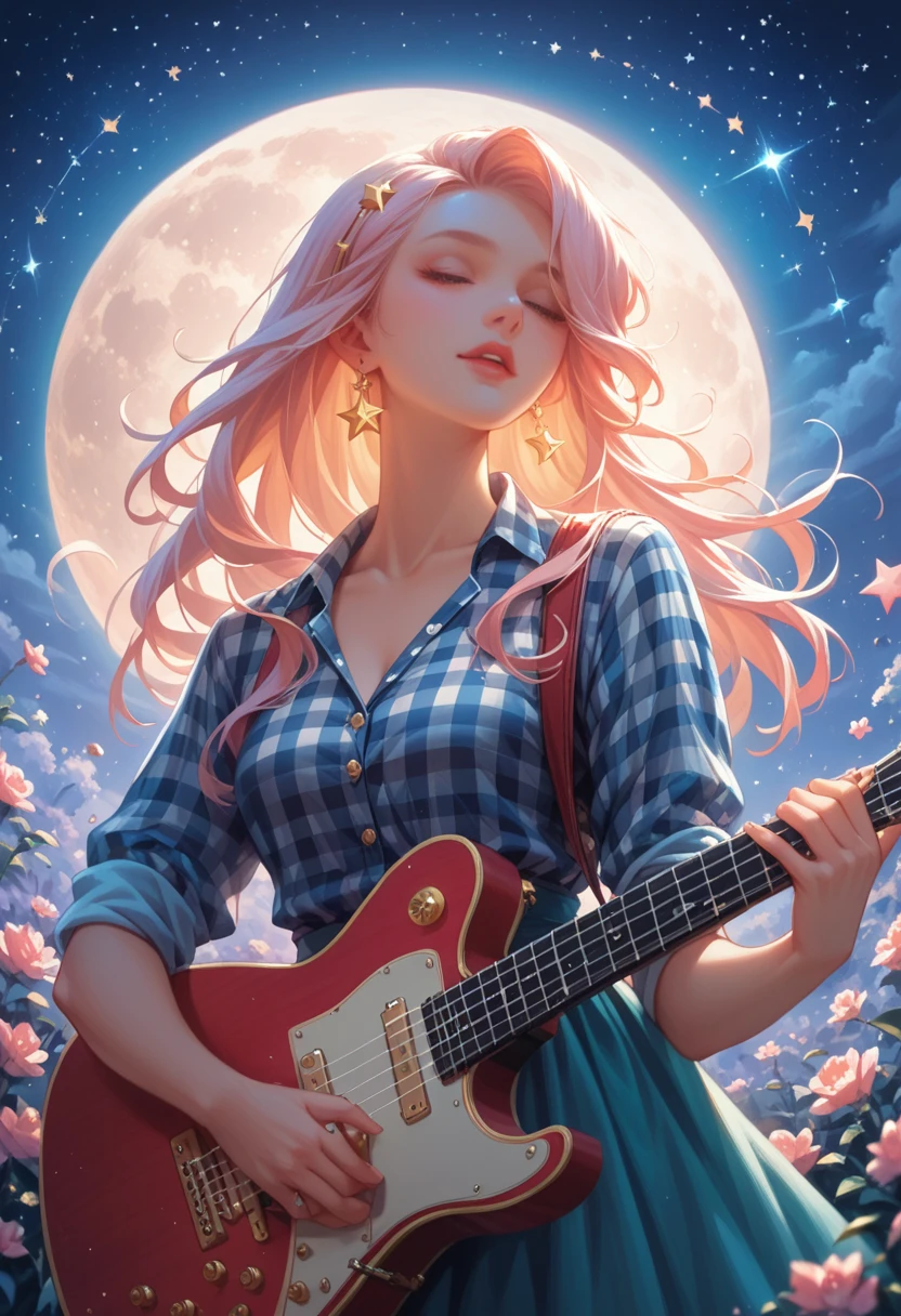  A girl in a light checkered shirt, plays the guitar,  Looking at the Starry Sky , Night, the moon is shining brightly , 8 k, masterpiece, many details, beautiful, sexy, Stars twinkle, masterpiece, ultra detailed,  Beautiful bright colors ,  