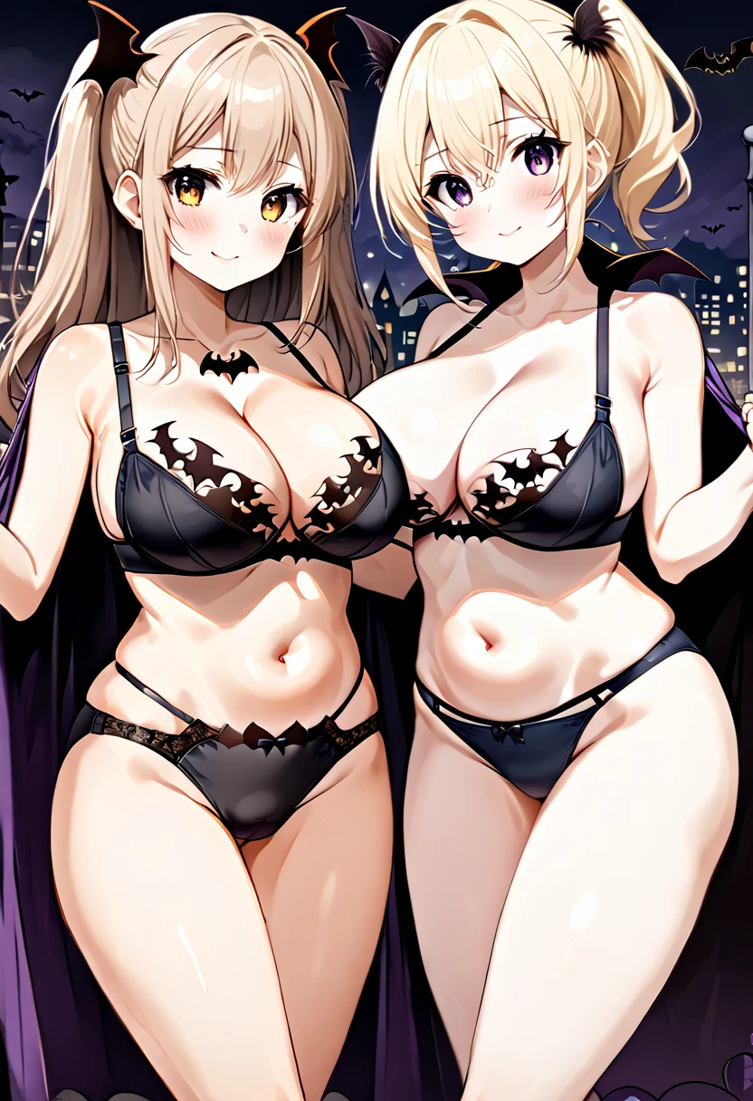 ((Masterpiece, best quality)),edgQuality smiling,smug, edgHL,hentai_lingerie, 2girls, yuri, seductive pose, breasts, large breasts, random hair, hair ornament, thighhighs, gloves, bow, navel, animal ears, bare shoulders, closed mouth, underwear, collarbone, panties, heart, cowboy shot, tongue, black gloves, hairclip, black thighhighs, tongue out, fingerless gloves, star (symbol), bra, rabbit ears, covered nipples, symbol-shaped pupils, black panties, detached collar, fake animal ears, cameltoe,  lingerie, panty pull, garter belt, heart pasties ,wearing edgHL, simple background,