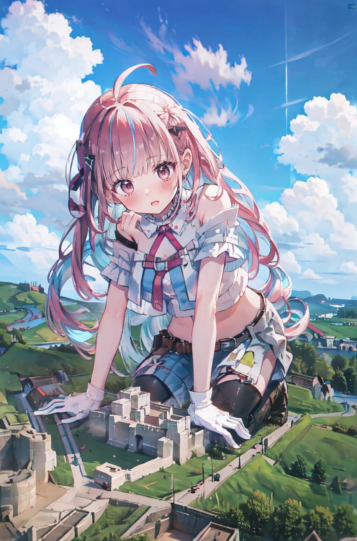  giant, ( Closeup Chest and Face), (四つん這い: 1.2), (Lower view: 1.2), (Sky and clouds background: 1.2), Shari 1,  Rose Tails, Long Hair, Ahoge, Hair accessories,  choker,  crop top ,  off-shoulder shirt,  white shirt ,  black gloves, One-handed gloves,  Wristbands,  denim shorts, belt, Hip Pouch , boots, White socks,  clevis, hills, cliff, Mountain々, far and near method, ( Earth Continent Seen from the Sky : 1.1), ( Village Town Seen from the Sky : 1.1)