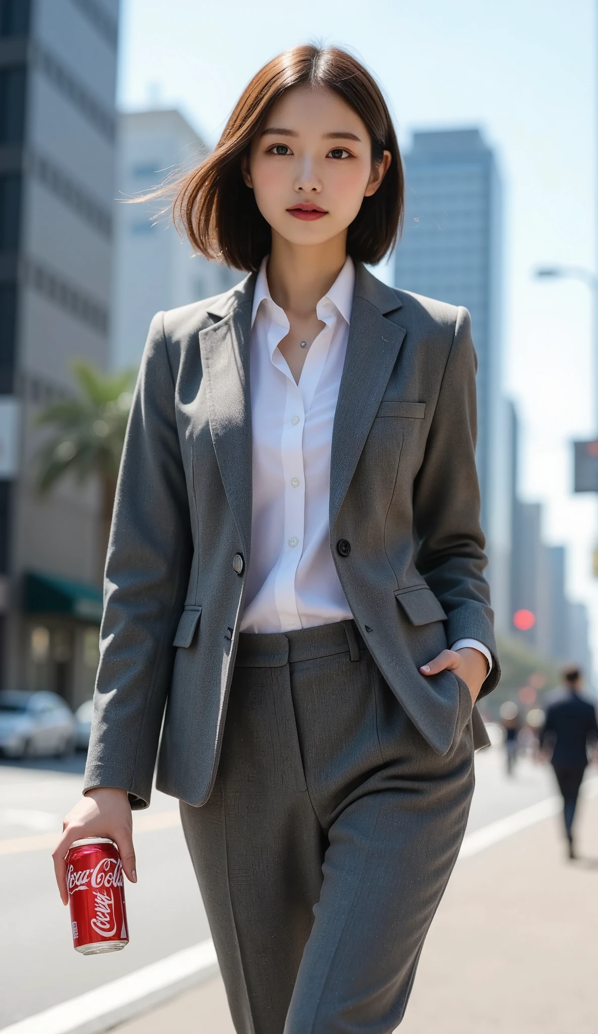 Dressed, super realistic, very pretty office lady , extreme close up:1.21, Japanese fashion model , dramatic scene , Commercially available , masterpiece, smile, Perfect Anatomy:1.21, Small head:1.21, Slender body:1.37, Thin Waist:1.5, Thin limbs:1.5, flat chest:1.5, anatomically correct limbs , gray business suit :1.21, Slim pants:1.21, white Business shirts :1.21, Brown Hair, Bob Cut Hair, hair fluttering in the wind, Walking through the business district, sunny city streets , ( holding a can of Coca Cola in her hand :1.1), detailed Coca Cola description , Perfect composition, Proper placement, Cinema Lighting,