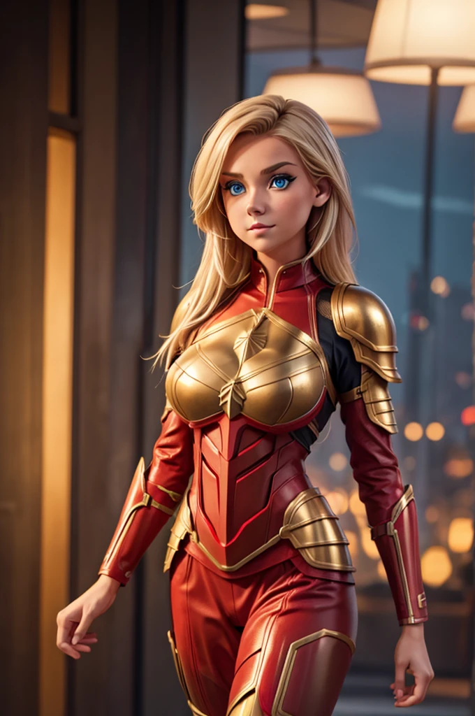 Blonde sexy girl , wearing a sexy red and gold hero armor,  electronic futuristic outfit 