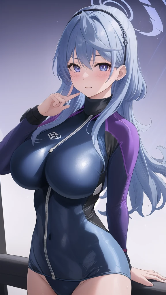   Erotic、 blue archive　Tename Ako、Light blue hair、Big Breasts, Alone、 Navy and purple wetsuit　Rash guard,  Purple Wicked Background 、 Best Quality, Detailed face, Detailed eyes,  Kampala,、Evil female executive、Cold look、 Dye Your Cheeks Red 、 sexy pose、Fallen into evil、Fall into Darkness、Dark Side、excited、lure