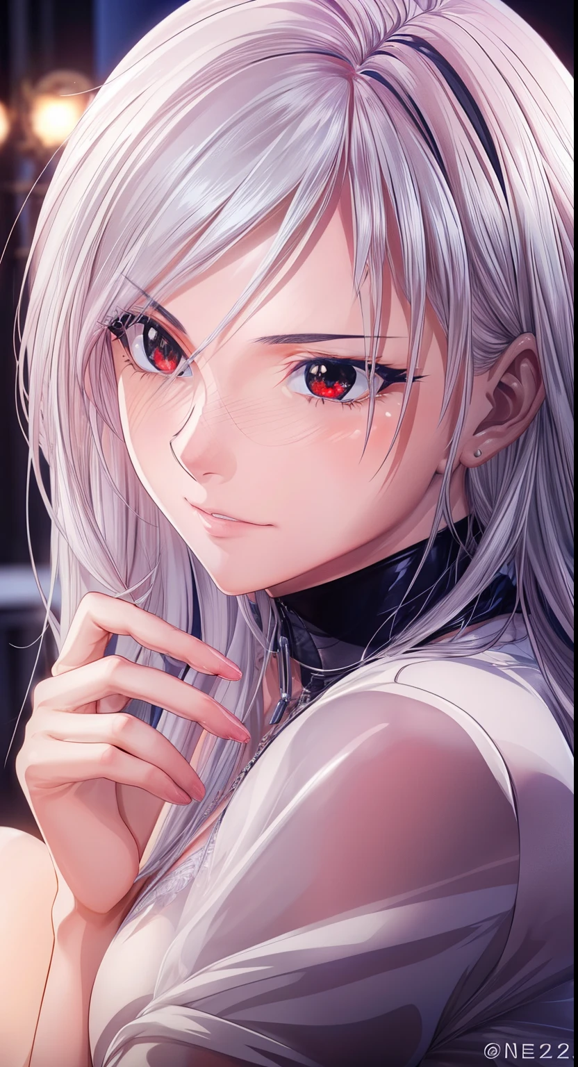 Silver Hair、1 adult woman、((mature woman))、35 years old、Full body、Red eyes、Long hair、Perfect anatomy、Masterpiece、Ultra high resolution、(Photoreal:1.0)、((Ultra realistic details))、Octane rendering、Highly detailed face、(There is no decoration on the neck:1.2)、Best quality、Tight waist、Small waist、Glowing Skin、Eight-headed body、Perfect face、Perfect eyes、Embarrassed, Nose blush、Sexy pose、