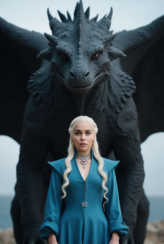 This is an image of  Daenerys Targaryen from the HBO show Game of Thrones. Blonde hair with braids, silk blue dress, jewelry, standing in front of a large black dragon.