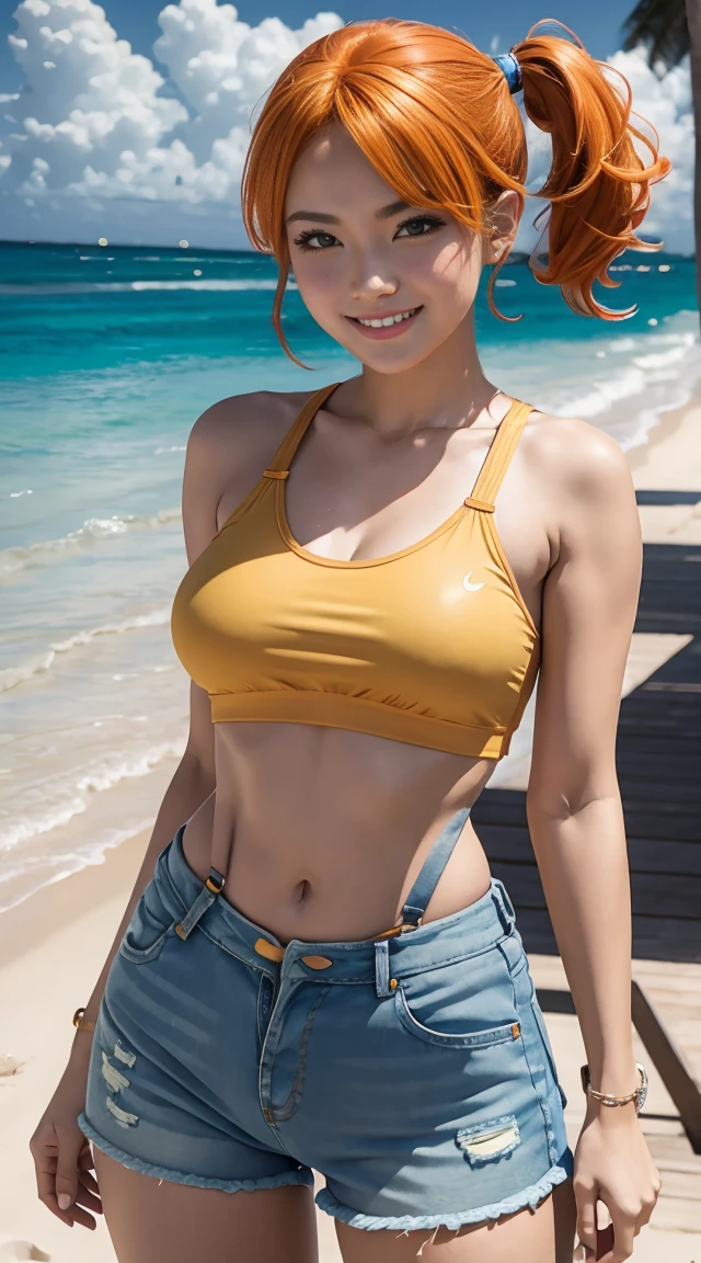 ((masterpiece,best quality)), absurdres, Misty_Pokemon, transparent top, yellow crop top, suspenders, side ponytail, orange hair, denim mini shorts, solo, smiling, looking at viewer, cowboy shot, cinematic composition, contrapposto, tropical beach, unbuttoned shorts leave her vagina visible, pezones marcados, sin calzon, vagina depilada
