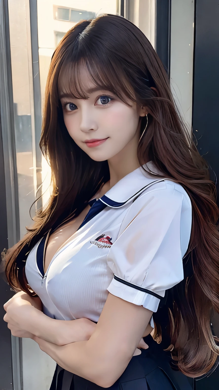 (highest quality, 8K, 32k, masterpiece, nffsw:1.2), (RAW photo), (realistic), (Photoreal:1.2), (High resolution), Super detailedな, very beautiful face and eyes, 1 girl, round and small face, big breasts thin waist、(((small breasts)))、(((white wall background)))、slim proportions, (school uniform, sailor suit、白いsailor suit, dark blue pleated skirt:1.23), (bust shot)、(((redhead)))、((半袖sailor suit))、(Close-up、highest quality、high detail、Rich skin details、nffsw)、(highest quality, 8K, table top:1.2), Super detailed, (realistic, realistic:1.37), (((full body shot)))、Bright colors, (((Hold your hands)))、(((sexy atmosphere)))、(((20 year old woman)))、((Bust isDcup))、(((light brown hair)))、(((white background)))、(((cleavage)))、(((girly hairstyle)))、(((long hair)))、(((in front of a white wall)))、(((light brown hair)))、(((I put my hand on my cheek)))、(((he has an evil smile on his face)))、(((The girth of the chest is 85 cm)))、(((small breasts mischievous expression)))、full body shot、standing position、beautiful legs