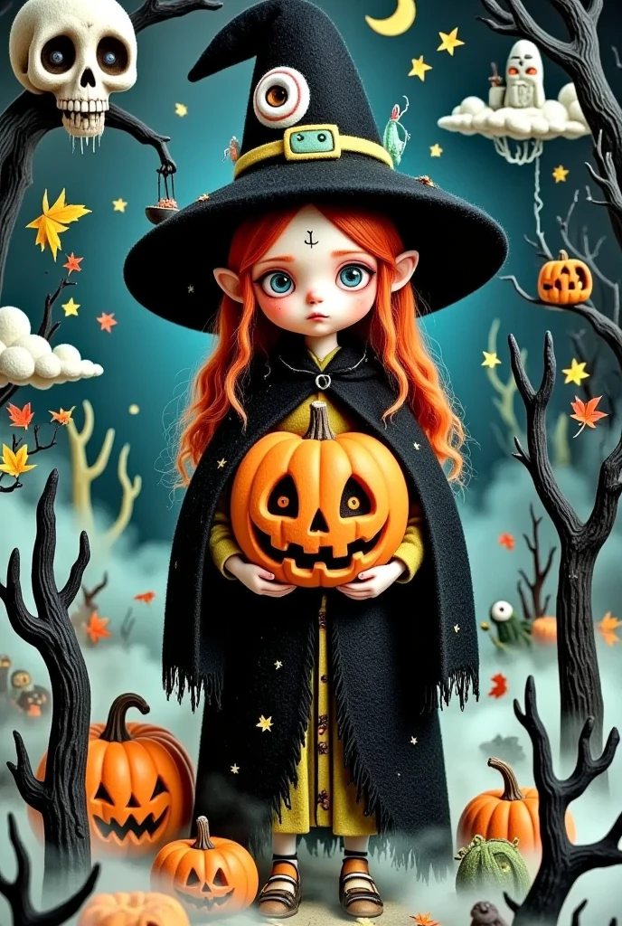 A painting of a girl in a witch costume holding a pumpkin, Halloween art style, Halloween Celebrations, Halloween style, Halloween theme, Trick or Treat, 🍁 Lovely, Weird art style, Halloween Night, 🍂 Lovely, Witch Girl, ☁🌪🌙👩🏾, Lovely art style, Bright witch, Halloween scene, Halloween atmosphere, spooky Halloween theme