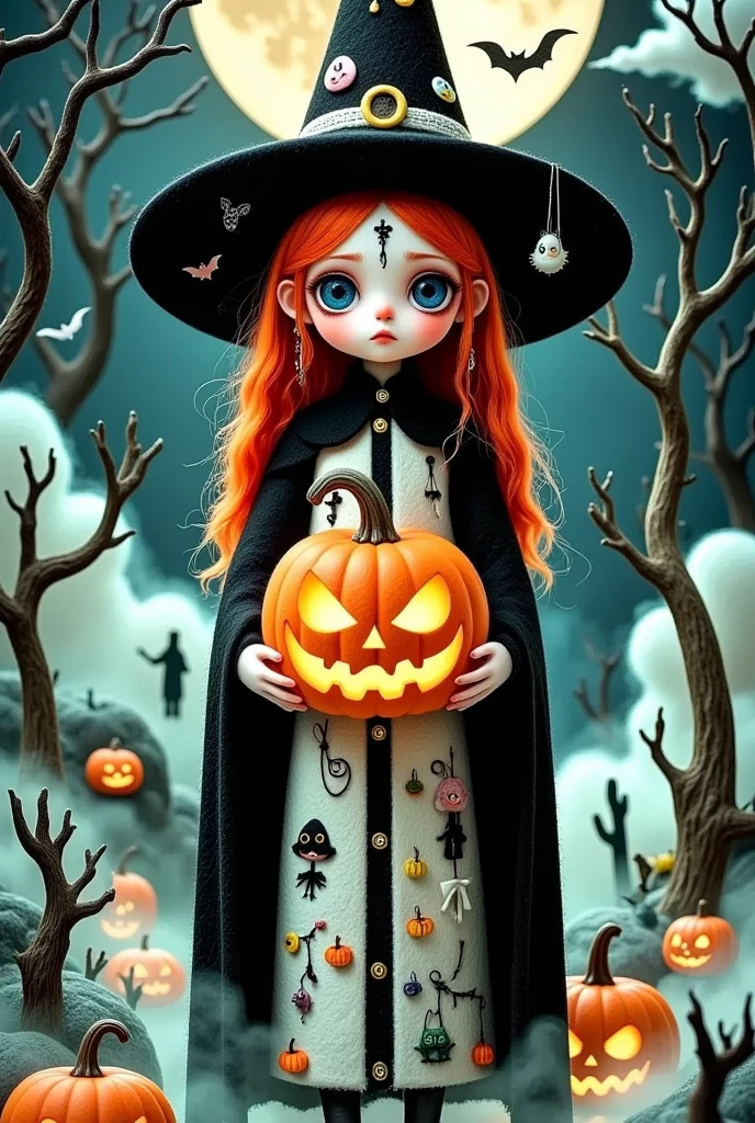  Detailed paintings，Depicts a girl in a witch costume holding a pumpkin, The J , tumblr, Gothic art, Halloween art style, Halloween Celebrations, Halloween style, Halloween theme, Trick or Treat, 🍁 Lovely, Weird art style, Halloween Night, 🍂 Lovely, Witch Girl, ☁🌪🌙👩🏾, Lovely art style, Bright witch