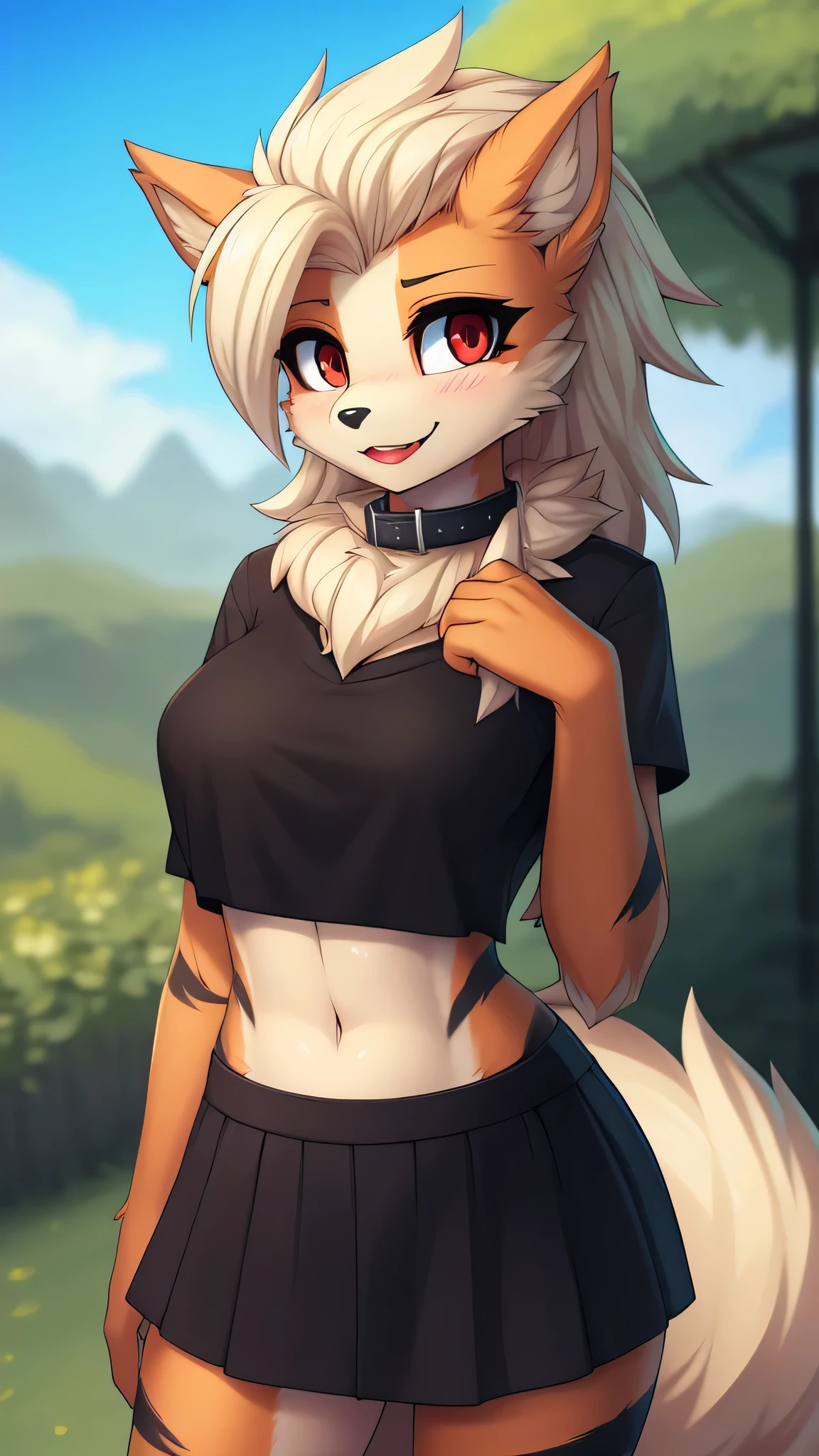 By zinfyu,by twistedscarlet60, uploaded on pixiv, by fluff-kevlar, (masterpiece), (best quality), (solo female:1.2), (extremely detailed:1.3),(detailed eye,black circle on eye,red eye), arcanine,Hourglass_body, using lipstick, human lips, red lips,has hair pony, hair pony, view on viewer,  shy face, medium breast, focus on face, beautiful eyebrow,soft eyebrow, shy, blush, wearing black collar,  closeup face, wear black t-shirt, croptop, black skirt, sweet smile, at garden, standing, close up