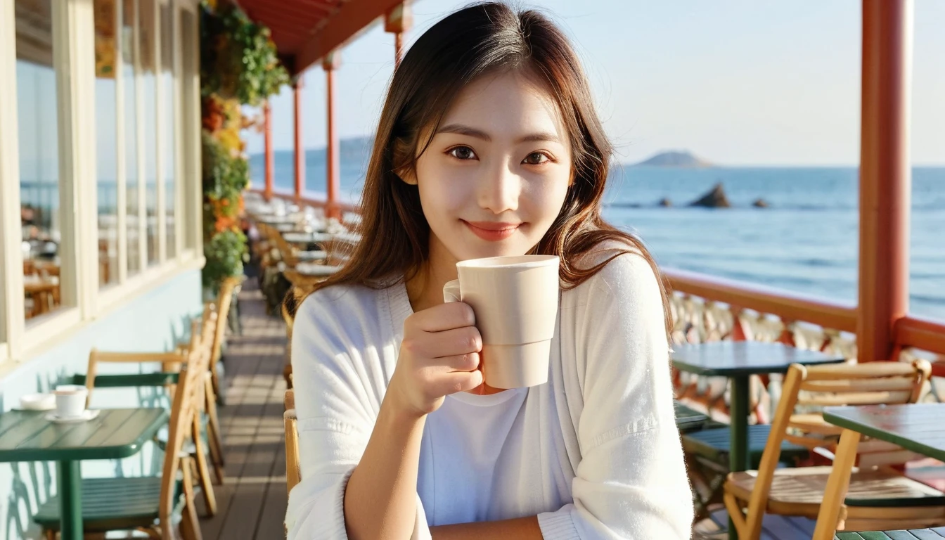 Actual photo,  High image quality ,    anatomically correct ,  Autumn seaside cafe terrace   , Beautiful autumn seaside scenery , Spectacular natural scenery ,  One Japanese girl  , Droopy eyes,    holding a coffee cup in hand,  gentle light of the sun starting to lean west, 