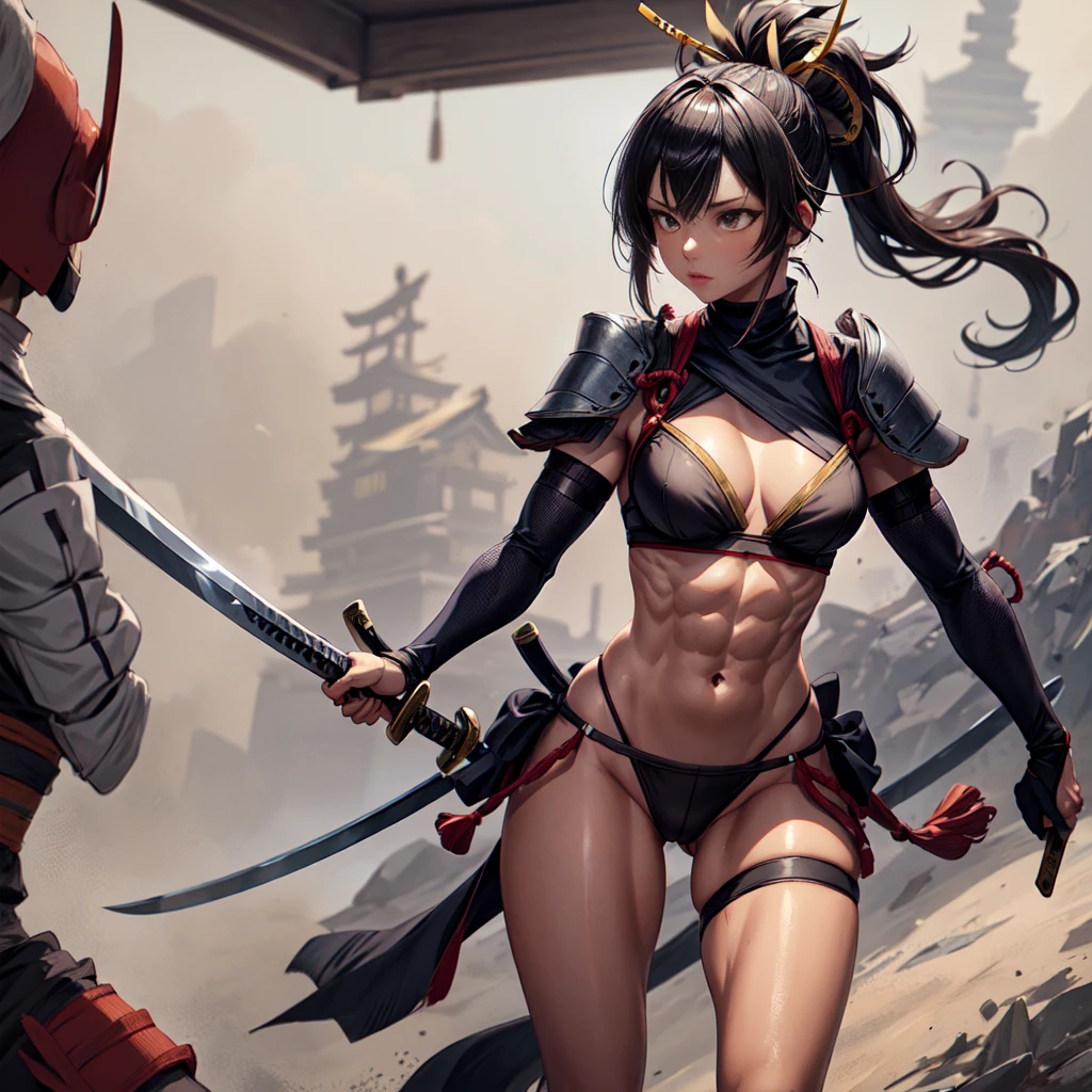 One girl, samurai,Japanese sword,anime,Anatomically correct, A series of character actions, ninja,ponytail, masterpiece, Textured skin, Action Painting, Heavy makeup, Brown Skin,Perfect Face,Perfect Eyes, very small breasts ,Very thin legs,Trained abdominal muscles