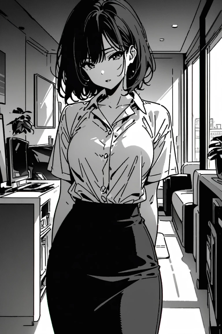 Line art，漫画Line art，黑白Line art， Black and White ， clear and smooth line ，8k，masterpiece、1 sexy woman、Single Mother、白の長袖Business shirts、 tight skirt 、 short hair、Age 30、Black and White、Monochrome、 grayscale、 apartment interior、White background、((Business shirts))、Black Hair、 living room、black solid hair、 high contrast 、Dark room、Light coming in through a window 、 Dynamic Shadows 、Dark Shading、 erotic expression
