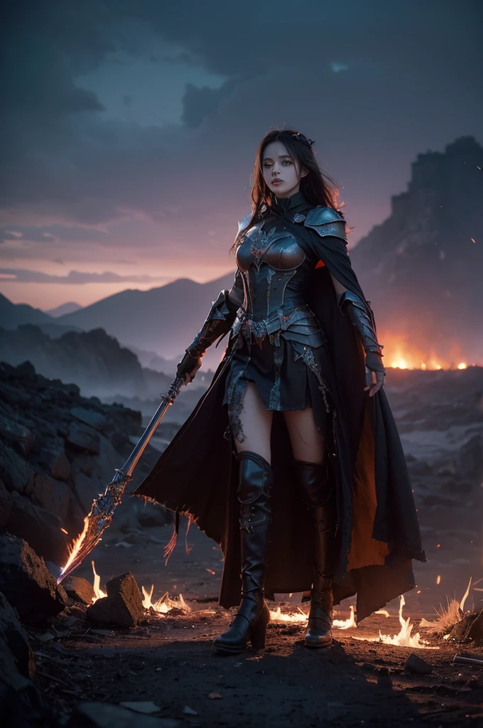 hkstyle, (2 females, several males, dynamic, cinematic, movie still, action scene, horror movie:1.3)  Under a blood-red sky, the female necromancer stood on the charred battlefield, her tattered black robes billowing in the wind. Her pale skin gleamed in the faint light of the setting sun, casting an ethereal glow against the dark landscape. Behind her, a jagged, crumbling castle loomed ominously on a cliffâs edge, its towering spires silhouetted against a backdrop of distant, smoldering volcanoes. Rivers of molten lava snaked down the mountainsides, lighting up the dark horizon with a fiery glow, while ash fell like snow, coating the ground.  With a twisted staff in hand, the necromancer raised her arms high, chanting incient, guttural language. Green, pulsating light rippled from hengertips, spreading across the battlefield like a sinister wave. Fallen warriors, once lifeless in their rusted armor, began to stir. Bones rattled as skeletal hands clawed through the dirt, and decayed soldiers slowly rose from the ashes, their eyes glowing with an unholy light.  The air was thick with dark magic, shimmering like heatwaves as the dead were drawn back to life, their tattered banners fluttering in the hellish wind. Above, lightning cracked the sky, illuminating the scene in bursts of violet and crimson, as the necromancerâs army of the undead stood, awaiting her command. Behind her, the volcanoes rumbled ominously, as if the very earth itself acknowledged her power. The once-silent battlefield was now alive with the grim energy of her dark magic, ready to march upon the world.score_9, score_8_up, score_7_up, score_6_up, 1g0r, bp4rt, black background, kuri, sp1t, monochrome, perfect eyes,