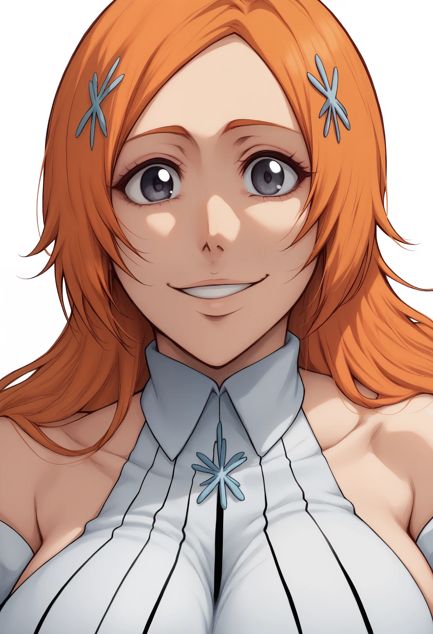 portrait, solo focus, solo, close-up, (white background, plain background, simple background:1.3), looking at viewer, (parted lips:1.2),
:1.2)
eft_bleach_orihime, 1girl, inoue orihime, solo, long hair, orange hair, grey eyes, white dress bleach, huge breasts, detached sleeves, hair ornament, large breasts, white dress, bare shoulders, hairclip, purple eyes, smile, happy, from front,