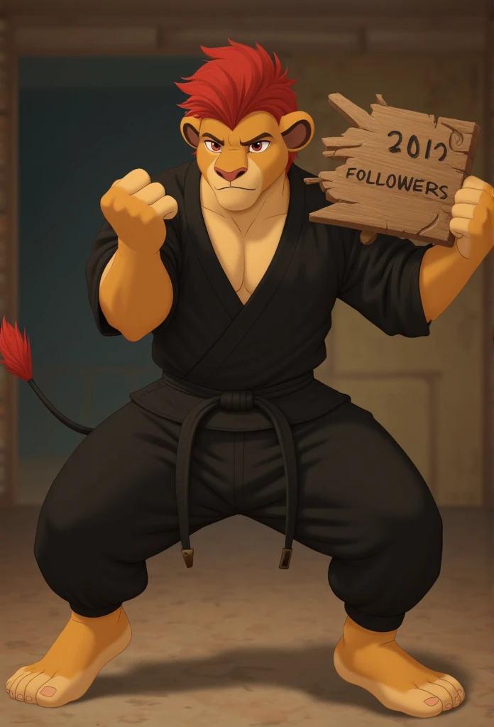 (((Barefoot furry character, full body, cinematic setting, furry boy, anthro lion, plantigrade))), (((anime))). beefy, muscular (((Kion))), (((younger Kion wearing black karate kimono))), focused, determined, perform powerful karate punch with his hand, ((nice detailed feet paws with claws))), (((four toes))), short red hair, red tip of a tail, (((correct anatomy))) (((smashes a wooden sign that says "200 followers"))), punches wooden plaque with the inscription "200 followers", hand strike BREAK, intricate details, highly detailed, extreme detail, octane render, fine art, best quality, highres, (detailed face:1.5), ((full_body)), UHD, (((perfect hands))), ((low light:1.5))