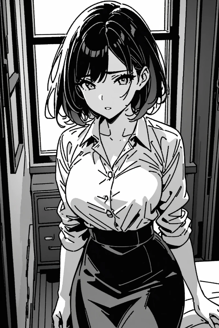 Line art，漫画Line art，黑白Line art， Black and White ， clear and smooth line ，8k，masterpiece、1 sexy woman、Single Mother、白の長袖Business shirts、 tight skirt 、 short hair、Age 30、Black and White、Monochrome、 grayscale、 apartment interior、White background、((Business shirts))、Black Hair、bedroom、black solid hair、 high contrast、Dark room、Light coming in through a window 、 Dynamic Shadows 、Dark Shading、 erotic expression
