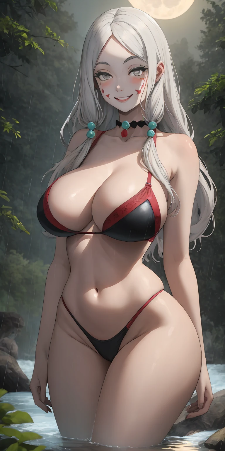 masterpiece, best quality, extremely detailed, 4k resolution, high resolution, 1girl, solo, mature female, MTSpiderV4, white hair, hair ornaments, forehead mark, facial markings, pale skin, grey eyes, navel, cleavage, collarbone, bikini, huge boobs, gigantic breasts, round breasts, choker, thigh gap, beautiful face, night time, moonlight, outdoors, forest, river, rain, wet body, wet skin, beautiful face, smile, thunderstorm, medium full shot