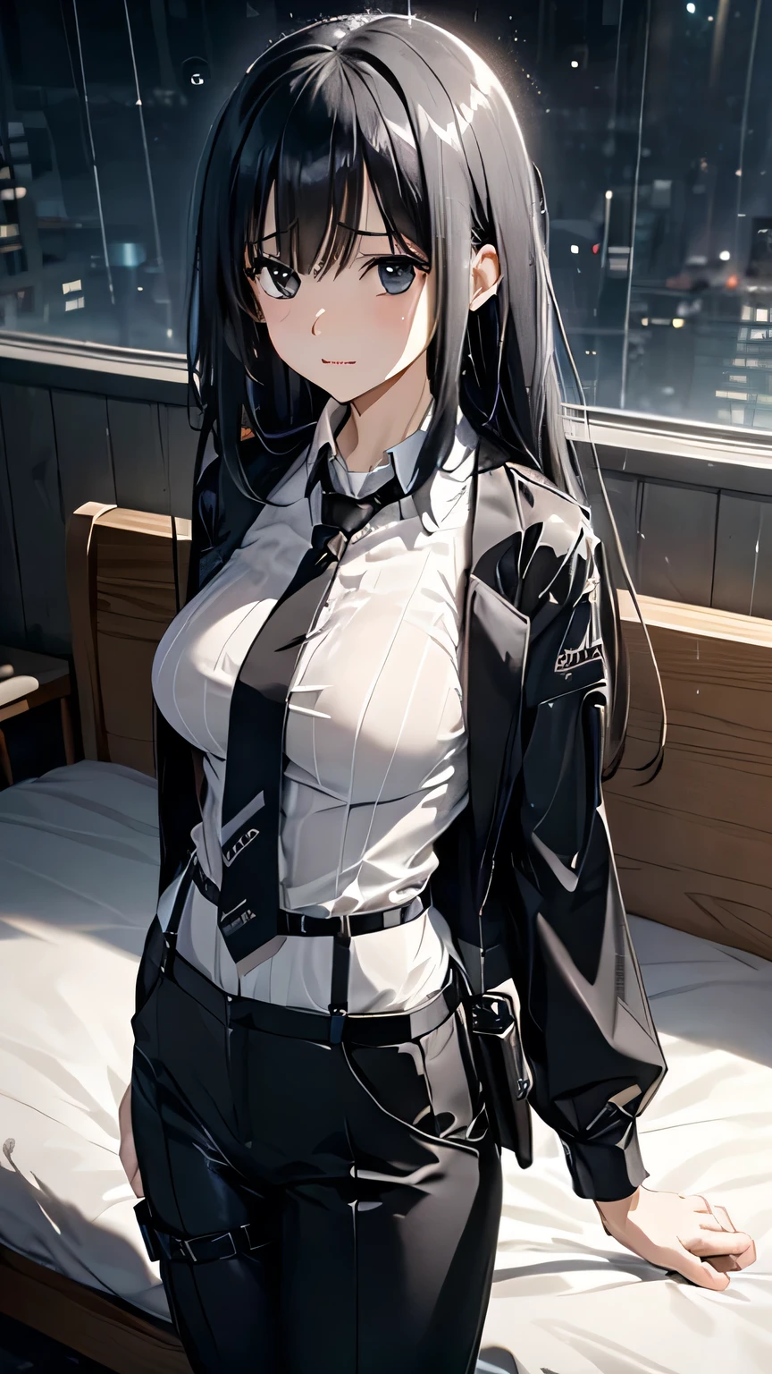 1 female, , high quality, masterpiece, Ultra-high resolution, , Cinema Lighting, , , And the suspenders with the cranes flying Large Breasts Small face holster Lying in bed Looking up Sweat belt summer 脇Sweat Black Hole Gloves suit shirt Black jacket Black trousers Leg Links ズボンにbelt holster Hands behind your back Anxious expression Looking up Anxious face, legs apart Armament Handgun handcuffs Cable ties レッグholster holster See-through clothing heavy rain Getting wet in the rain
