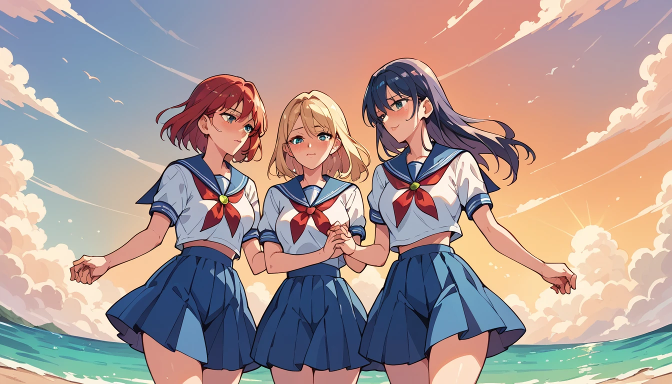 2girls, sailor uniform, ((dynamic perspective:1.3)), sunset, beach, holding hands, yuri, cowboy shot, focused, blushing, exquisite, high quality, best details, HD, 32k,((high_quality)), ((Super_Detailed)),((high_quality)), ((Super_Detailed)), , (masterpiece:1.2), (best quality:1.2), (very aesthetic:1.2), (absurdres:1.2), (detailed background),newest, perfect anatomy, ((score_9:1.3)), ((score_8_up:1.3)), ((score_7_up:1.3))
