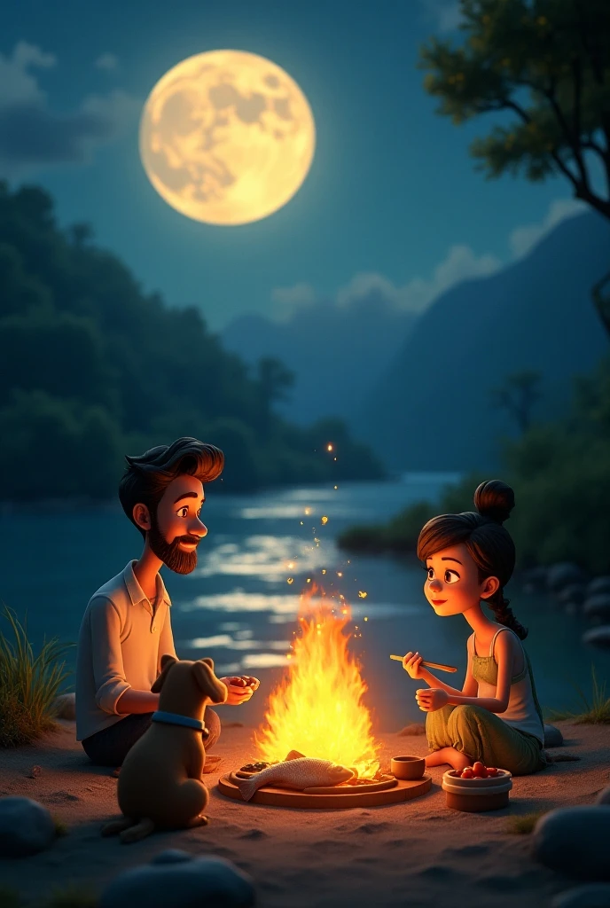 a man, a woman and a  eating fish at the bonfire by the river illuminated by a big moon; 3d,  cartoon style , cinematic
