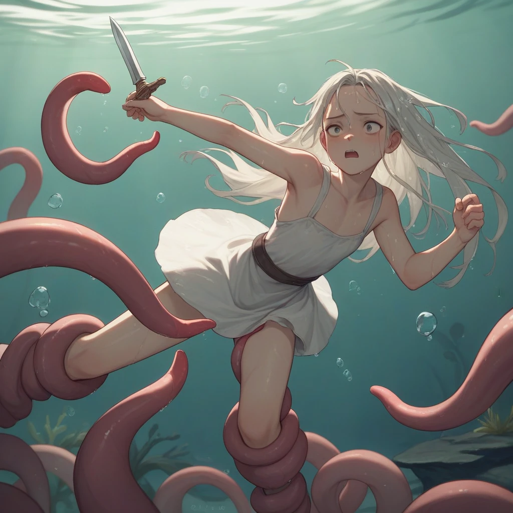 最high quality, high quality, Long Hair, wet hair, flat chest, Dark underground labyrinth, No light, Tentacles that go inside a medieval dress, Equipped with a dagger and a shield,Underwater Photography,Buoyancy causes the leaves to curl ,Painful face,  tentacles are dragging my legs ,Being dragged into the water,Rampage,