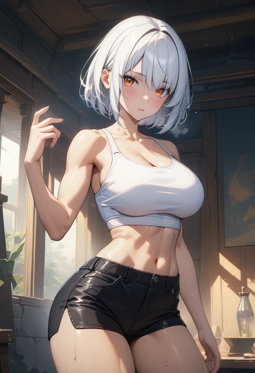 masterpiece,best quality,high resolution,8k,ultra HD,wallpaper,illustration,perfect face,cowboy shot,beautiful detailed eyes,extremely detailed face,perfect lighting,extremely detailed CG,perfect anatomy,perfect body,perfect hands,perfect fingers,1woman,full body,,muscle fighter body,white short hair,orange eyes,large breasts,Medium ass,,(white tube top),black short hot pants,clothed,,collarbone,,looking at viewer,(),Steam,sweat, home,(Zenless Zone Zero character Anby Demara),adult,