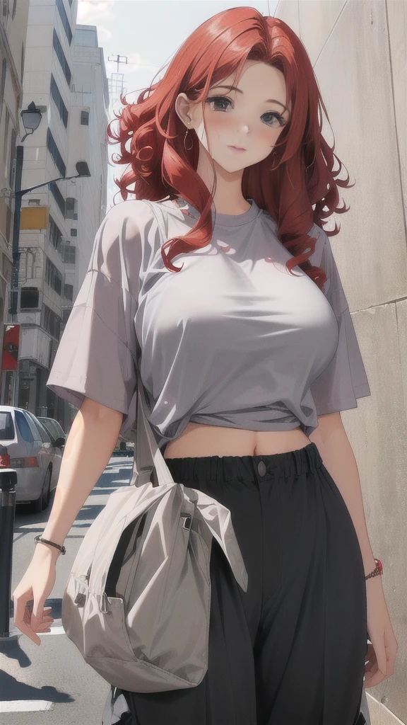 Busty curly haired red head wearing plain shapeless baggy loose untucked grey shirt and pants 