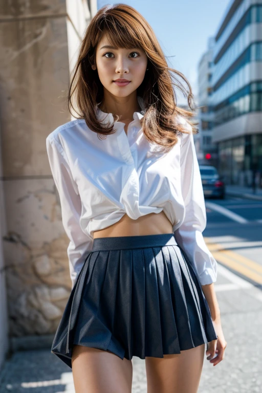 ( best quality , 8k), A strong wind is blowing, Office District,  pleated miniskirt, (The skirt is flipped up:1.1),  sexy panties, 