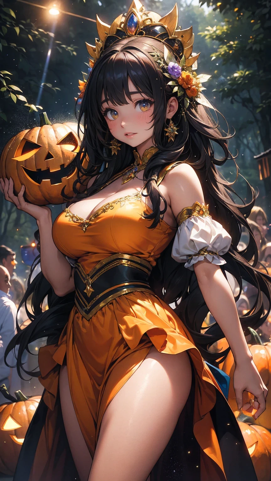1lady standing, /(Arabian dancer costume/), mature female, /(brown hair/) bangs, blush kind smile, (masterpiece best quality:1.3) delicate illustration ultra-detailed , large breasts BREAK /(streets of Shibuya/) outdoors, jack-o'-lantern Halloween parade, crowded audience, night