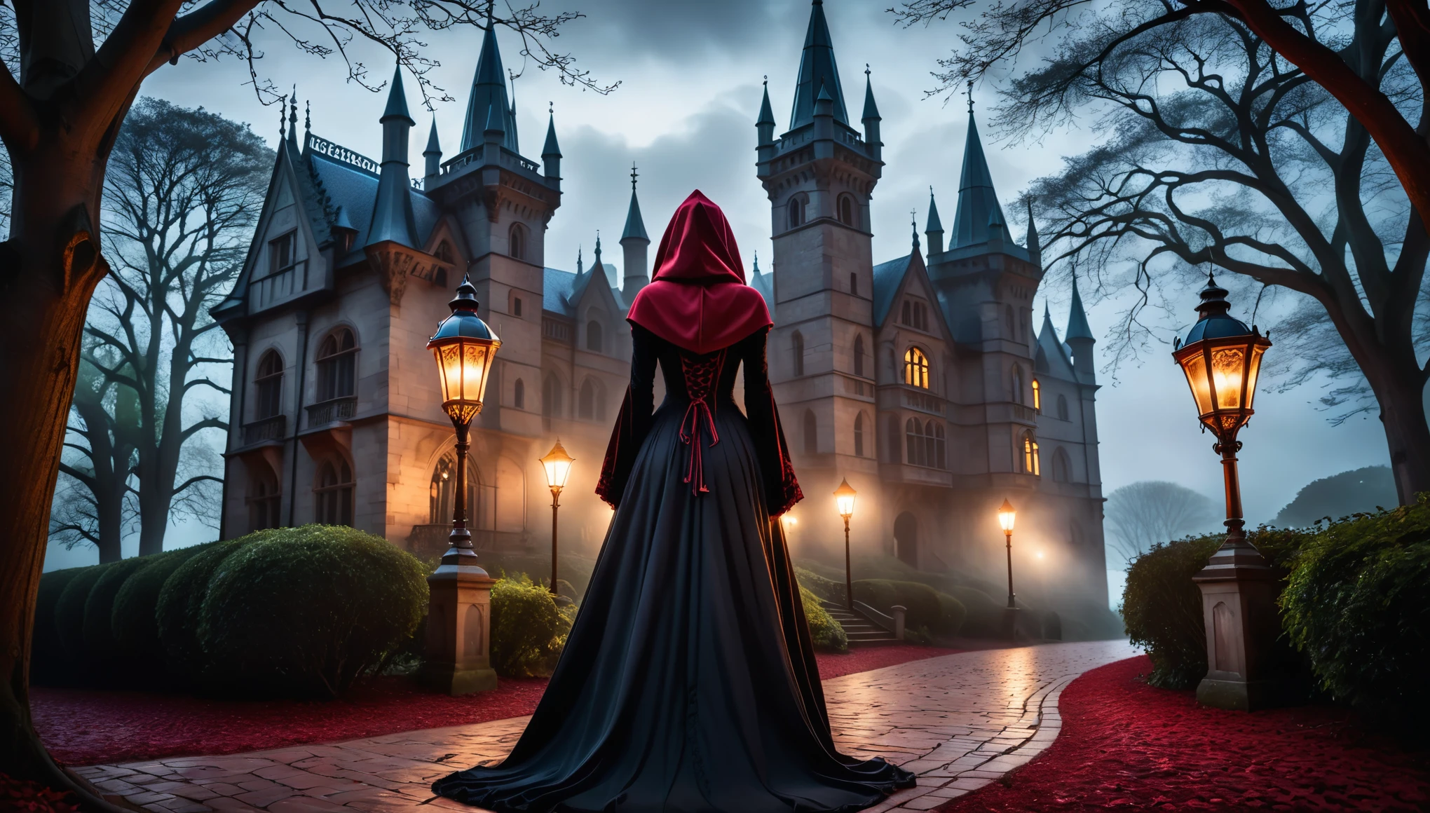 HDR, 24k, clear night, dramatic low-angle shot: A woman, shrouded in a deep crimson hood, black medieval dress, luxurious hood, Celtic gothic witch ((with her back turned)) walks down a red-tiled path that winds towards a towering Gothic mansion. The architecture is breathtaking, adorned with intricate details including sharp turrets and ornate stonework, illuminated by vintage lanterns that cast a soft, mysterious light. Towering trees loom over the scene, their branches reaching into the misty atmosphere, casting long, ominous shadows across the path. In the background, a lush garden is shrouded in darkness, adding layers of life and mystery. The color palette is moody and enigmatic, with dark tones heightening the sense of wonder and suspense. The Gothic style is fully embodied in this melancholic and brooding scene, evoking the feeling that a hidden secret lies just beyond the veil of night.