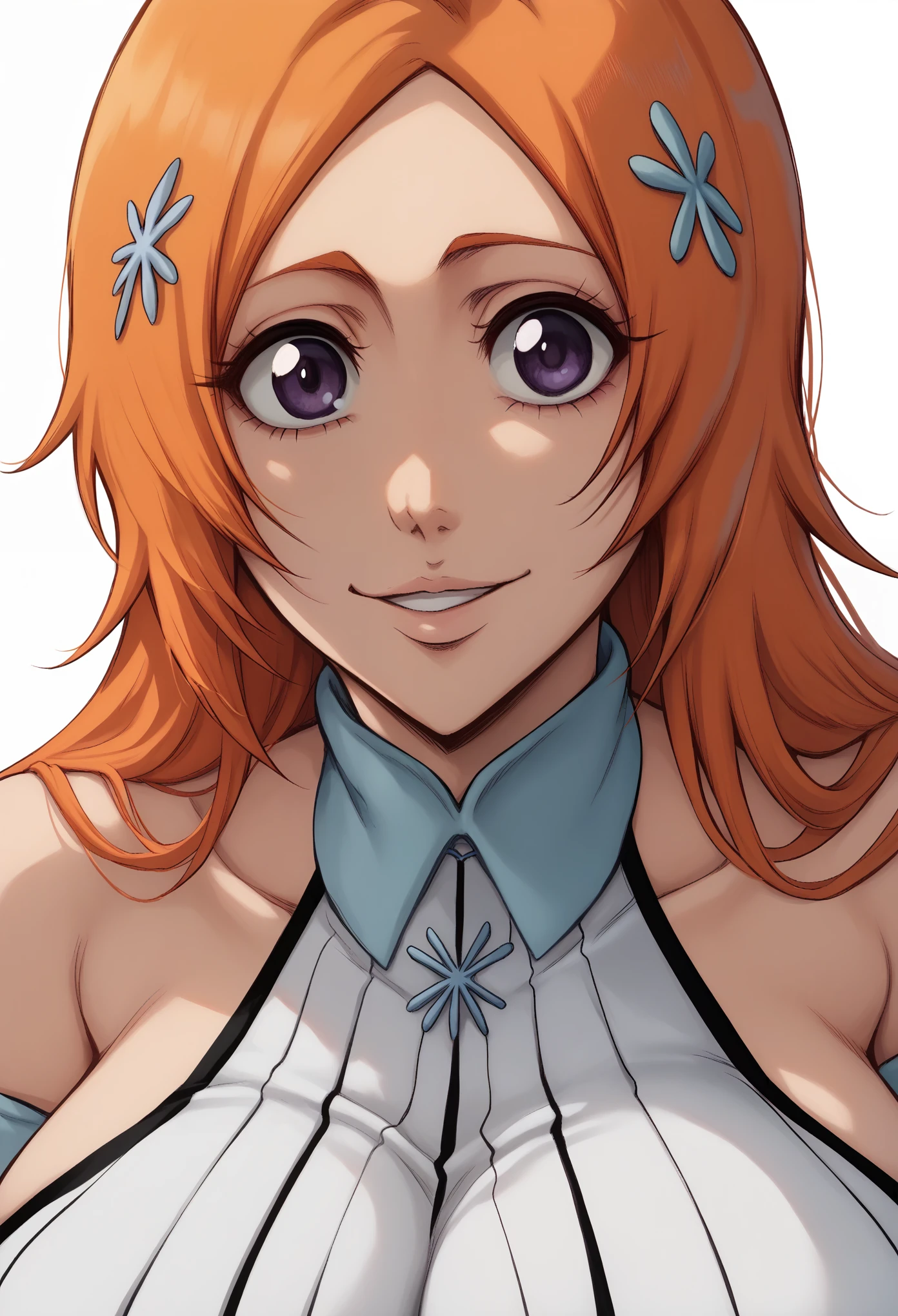 portrait, solo focus, solo, close-up, (white background, plain background, simple background:1.3), looking at viewer, (parted lips:1.2), 
:1.2)
eft_bleach_orihime, 1girl, inoue orihime, solo, long hair, orange hair, grey purple eyes, white dress bleach, huge breasts, detached sleeves, hair ornament, large breasts, bust, white dress, bare shoulders, hairclip, purple eyes, smile, happy, from front,