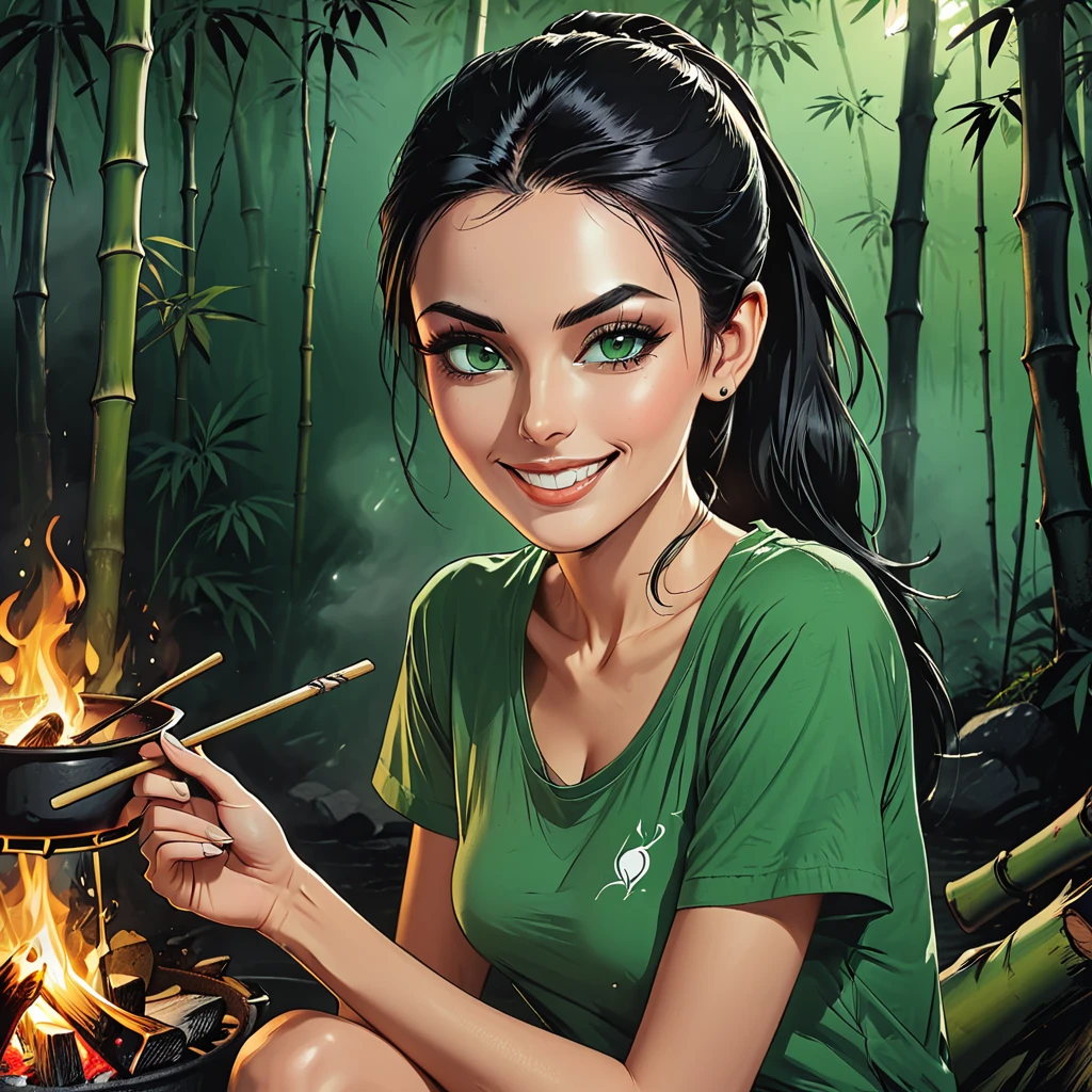 ((open mouth)),happy, smile, (close up portrait), night,portrait smile girl in a green t-shirt sitting by the fire and frying fish on a stick at night in the bamboo forest, looks into the distance, light from the fire, fish on a stick, fish on a beam stuck next to the fire, close up portrait girl in a green t-shirt sitting by the fire, fog, adult, [European], Ectomorph elongated body, slim body, skinny, perfect white skin, Long Diamond type Face, Long slim neck, broad shoulders, long slim thin arms, long fingers on the hands, round forehead, Attached Pointed ears,  Long Sleek Straight Ponytail Slicked back black Hair, Hawk long Nose, Upturned Eyes type, Bold Tapered Eyebrows, Angular Narrow Symmetrical Cheekbones, Hollow Cheeks, Square Chin, Square Jawline, Heart Shaped nude Lips, Fine Puppet Wrinkles, (dark green eyes), Cut Crease make up style, Full on Top or Bottom breasts, second breast size,  graphic style of novel comics, perfect hands, 2d, 8k, hyperrealism, masterpiece, high resolution, best quality, ultra-detailed, super realistic, Hyperrealistic art, high-quality, ultra high res, highest detailed, lot of details, Extremely high-resolution details, incredibly lifelike, colourful, soft cinematic light,