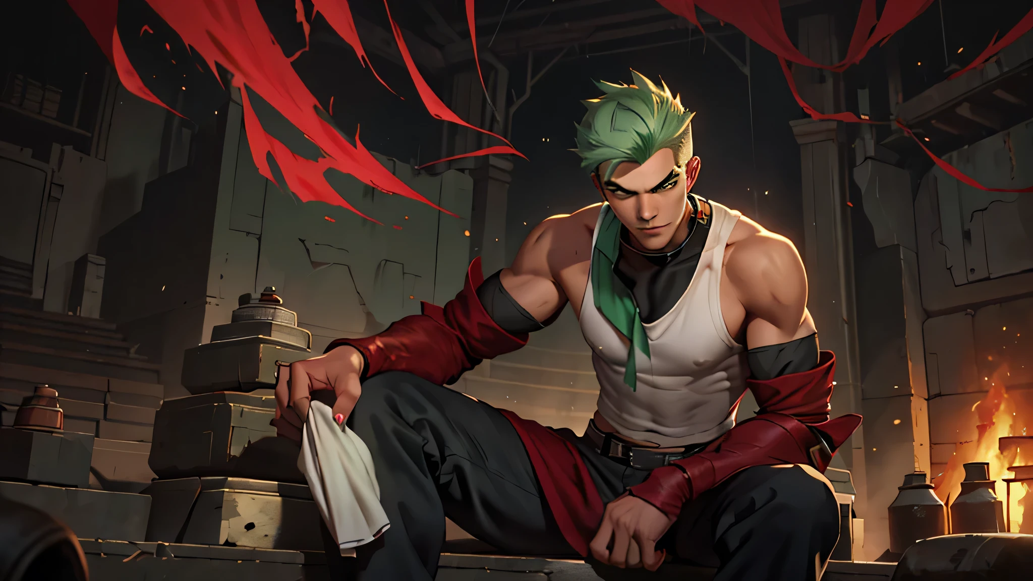 splash art of a twenty year old boy, white skin, short mint green hair, cute beauty model with square face, perfect slim body, he is wearing a black compressed t-shirt on top, red cloth on his neck, gray meta shoulder pads, red baggy pants, he is wearing a collar, he is in an arena, relaxed pose