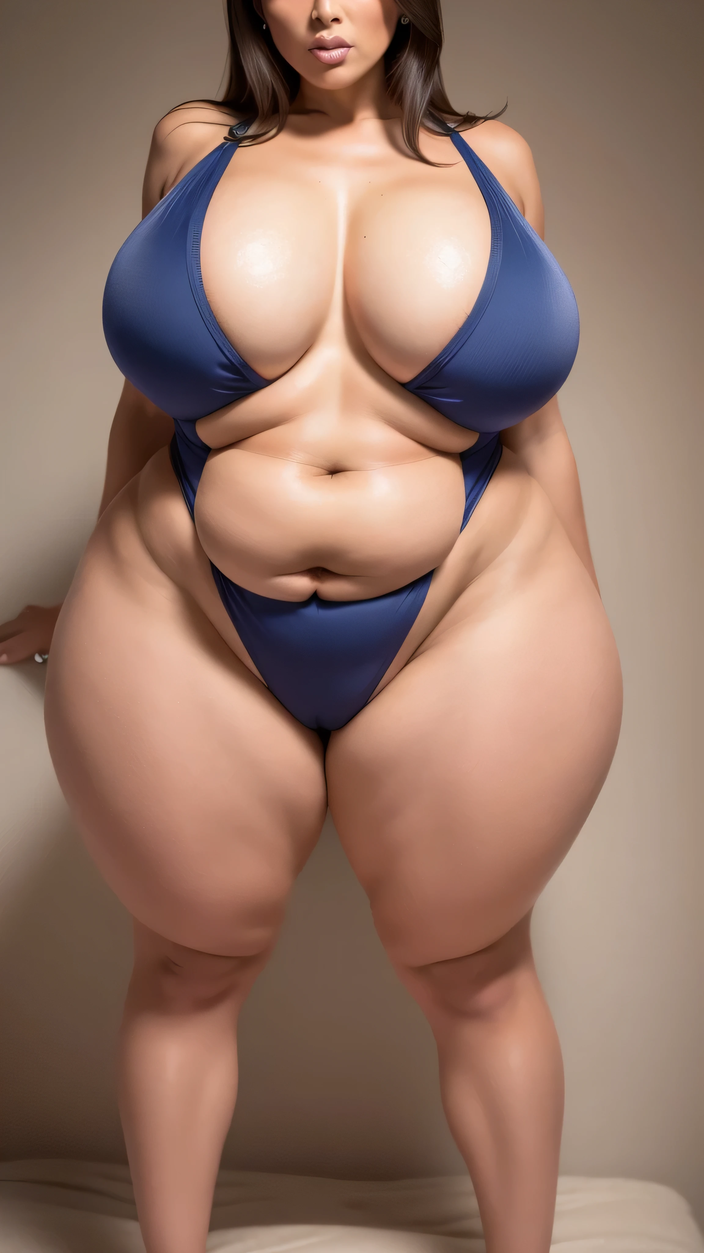 Female in her 50s, foreigner, Making a woman in a bewitching pose, (compensate:1.7), pregnant woman, perfect body, sensual figure, curvy model, very plump body, sensual body, plus size woman, attractive plus size model, ((brain out:1.8, soft:1.3)), (on the stomach:1.3), (buttocks:1.5), (thighs:1.8), gray hair, curved hourglass illustration, swimsuit model, It has a curvaceous body shape, (Breast cut(blue high leg cut swimsuit))), simple white back ground,