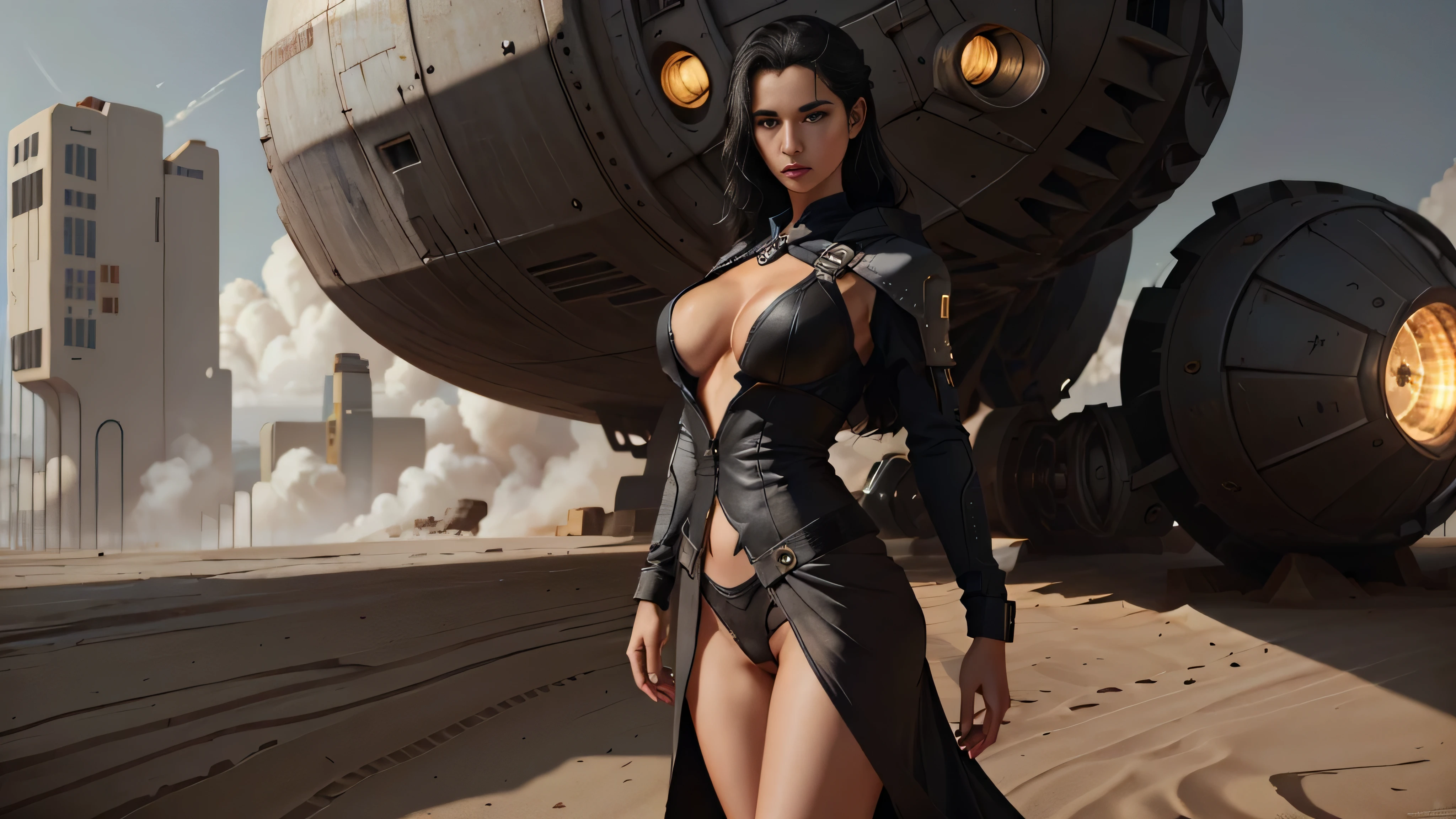 Andreja Va'ruun, sexy black hair, Andreja standing next to a robot. Large starship in the background, (full-length body:1.2),  topless,  minimalist:1.2 straight dark hair, (((masterpiece))), (best quality), (photorealistic:1.3), 8k, raytracing, rtx, realistic lighting:1.2, realistic textures:1.2, photorelistic render:1.2, detailed skin texture, beautiful detailed face, intricate details, ultra detailed,  large breasts:1.3, hourglass figure, thigh gap:1.3, shiny clothes, cinematic lighting, seductive pose