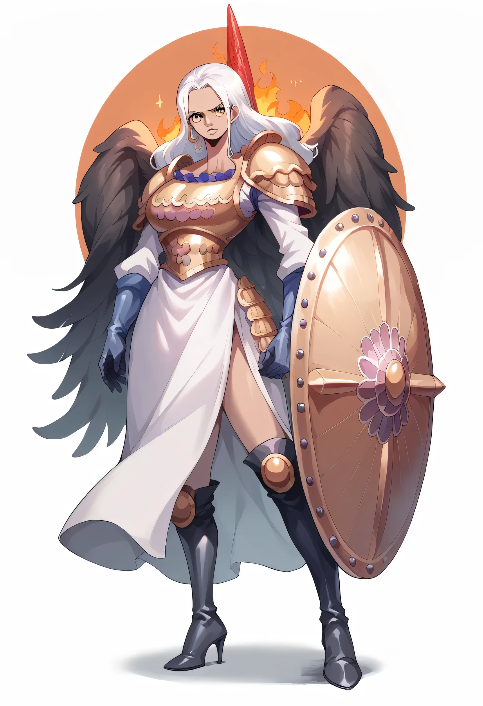 Woman with brown skin, Tall with extremely well marked and sexy curves  (extremely wide bust and large bust with ) estilo one piece, long white hair and golden eyes  ,   black wings with a sphere of fire between the wings , medieval armor made of metal  (armor breastplate, armor gloves,  long open dress showing the thigh and leg; And high boots with heels ),  large cone-shaped spear and a large round shield covering part of the body,  full body art 