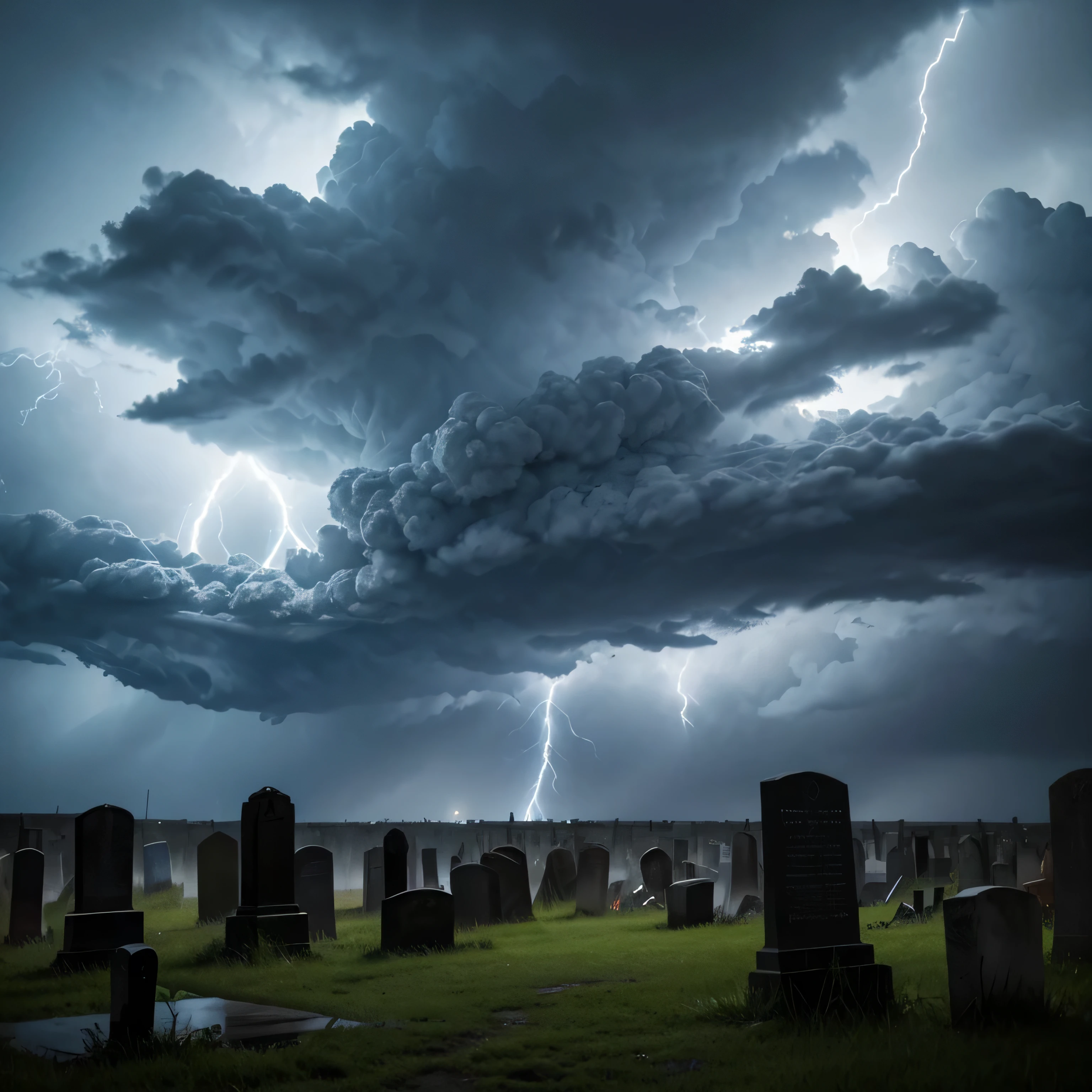 Generate a hyper-realistic image of a nighttime thunderstorm violently striking over a desolate cemetery filled with tombstones. The sky is pitch black, with thick storm clouds churning above, and numerous bright lightning bolts tearing through the darkness, illuminating the graveyard with flashes of electric light. Each strike casts sharp, jagged shadows across the ancient, weathered tombstones, highlighting their cracked and worn surfaces.

The lightning bolts are frequent and intense, lighting up the night sky in rapid succession, with the thunder crashing loudly in the background. The rain pours down in heavy sheets, drenching the ground and creating muddy pools around the graves. Tall grass and wild vegetation sway fiercely in the storm's wind, as if the entire cemetery is being battered by the elements. The tombstones, some leaning and broken, stand as silent witnesses to the chaotic storm above.

The atmosphere is dark and foreboding, with the intense lightning strikes dominating the scene, giving the cemetery an otherworldly, haunted feeling. The flashes of light reveal glimpses of the tombstones and the untamed landscape, adding to the sense of mystery and eerie desolation.